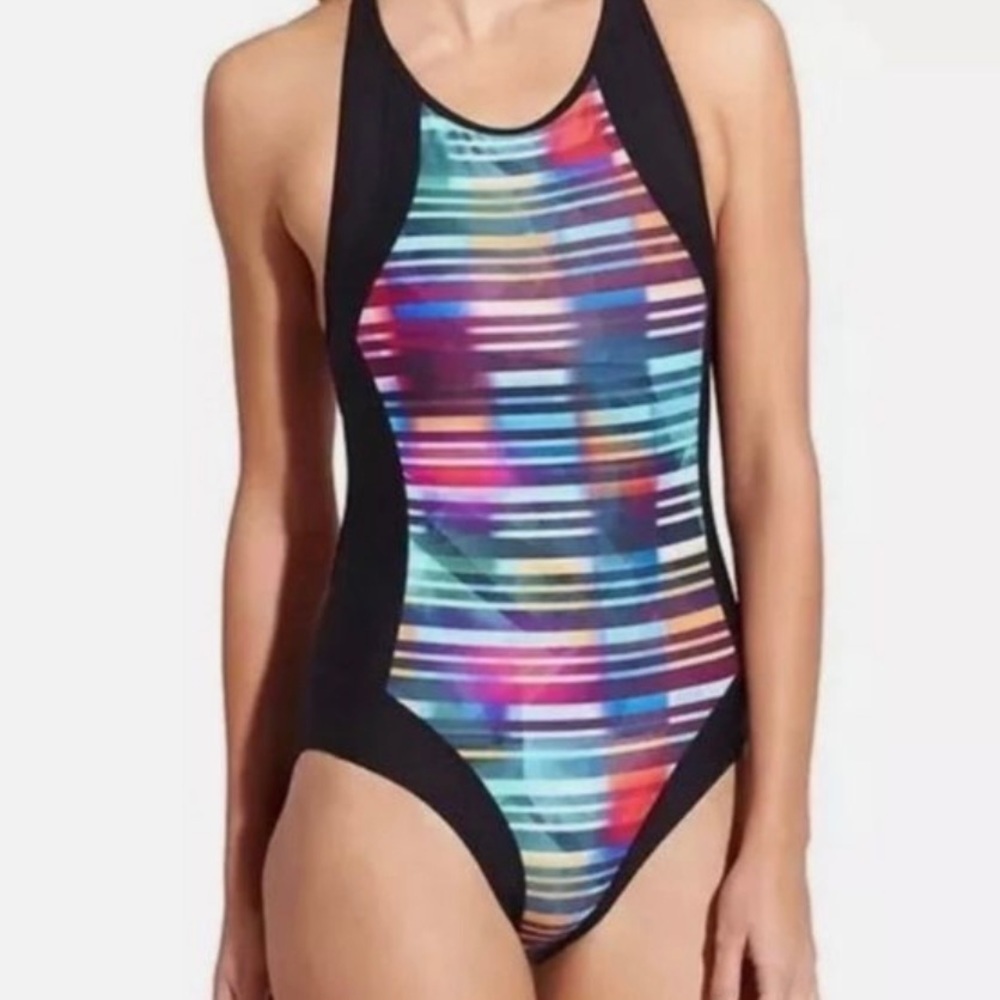 ATHLETA Stripe Crisscross Printed One Piece Swimsuit, rainbow color